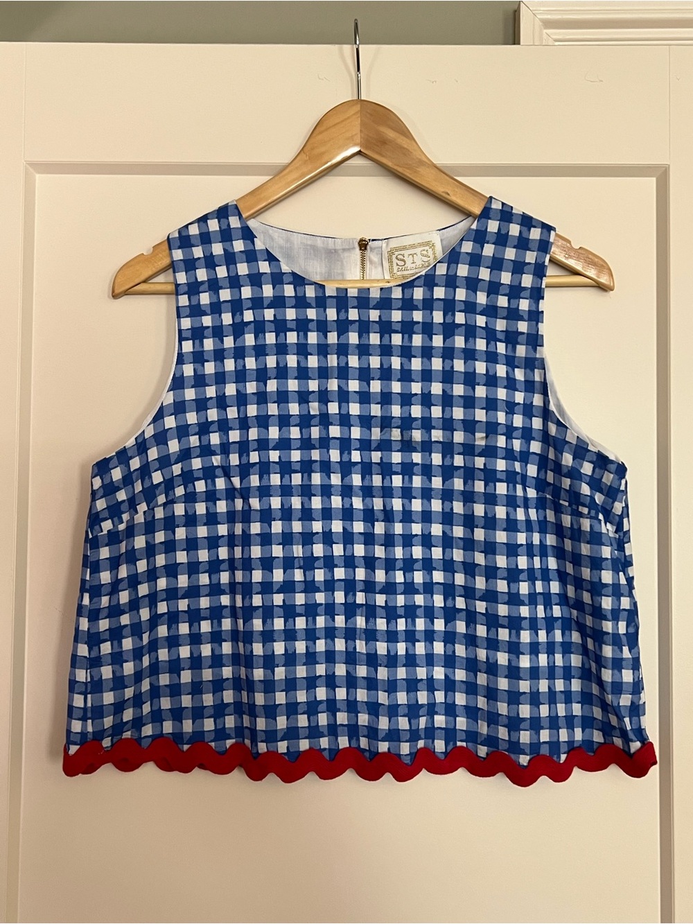 Sail to Sable Blue & White Gingham Crop Top and matching shorts with Red Trim